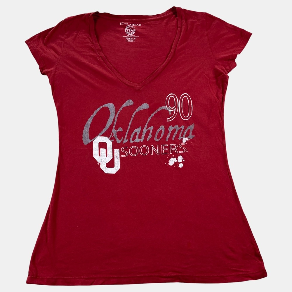 STEP AHEAD Shirt Red Oklahoma Sooners OU Graphic Print V-neck Women's Size‎ XL